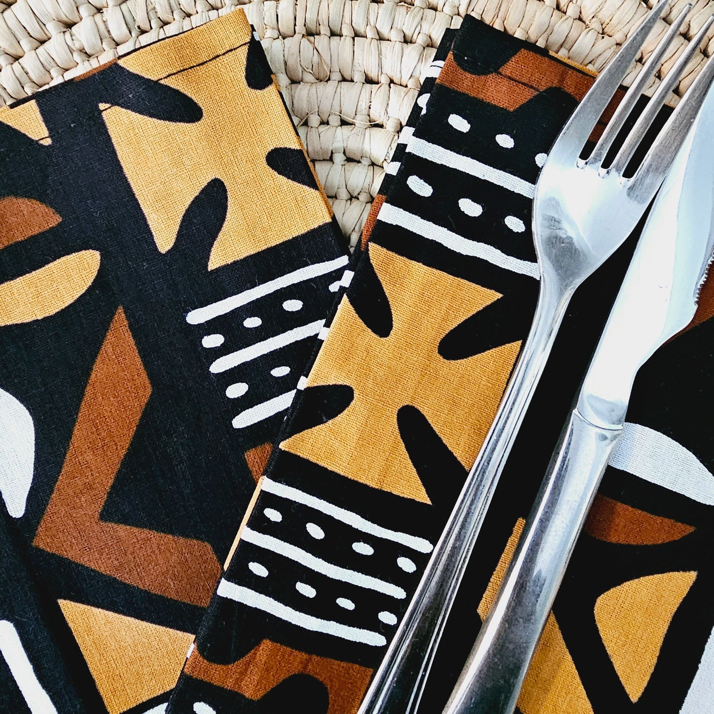 Set van 2 zwarte mudcloth print, Ankara wax, 100% katoenen servetten