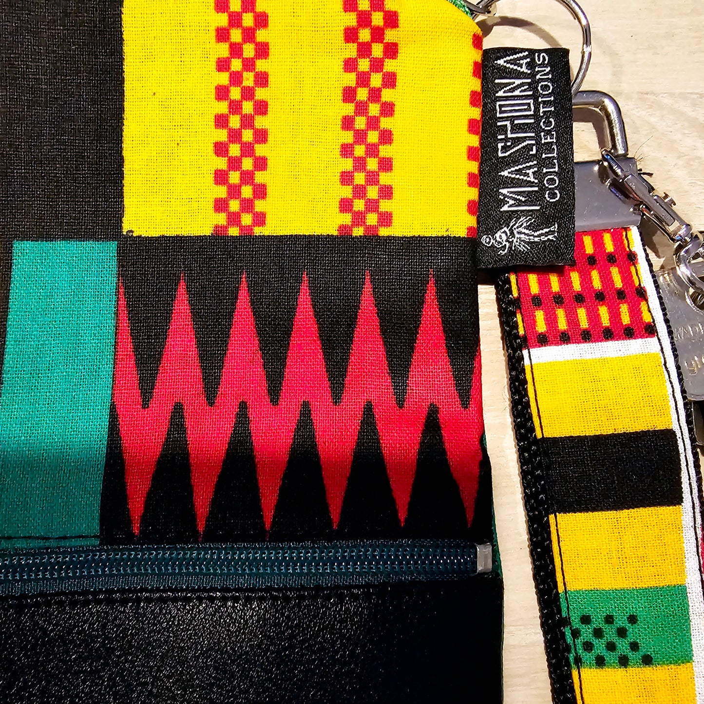 Handmade Phone Bag and Keyfob Set | African Ankara Print Fabric | Vegan Leather Detail | Adjustable Shoulder Strap
