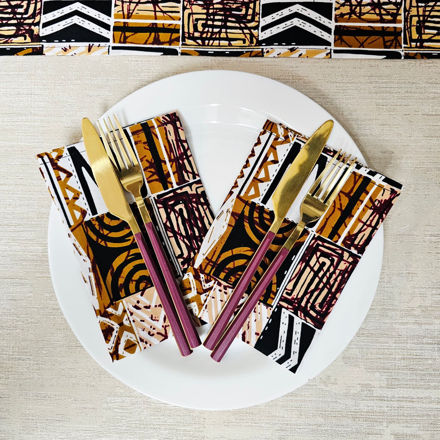 Set of 4 | 8 Napkins | 40x40cm | Black Mudcloth Print, Ankara Wax, 100% Cotton