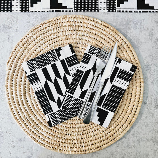 Set van 2 zwarte mudcloth print, Ankara wax, 100% katoenen servetten