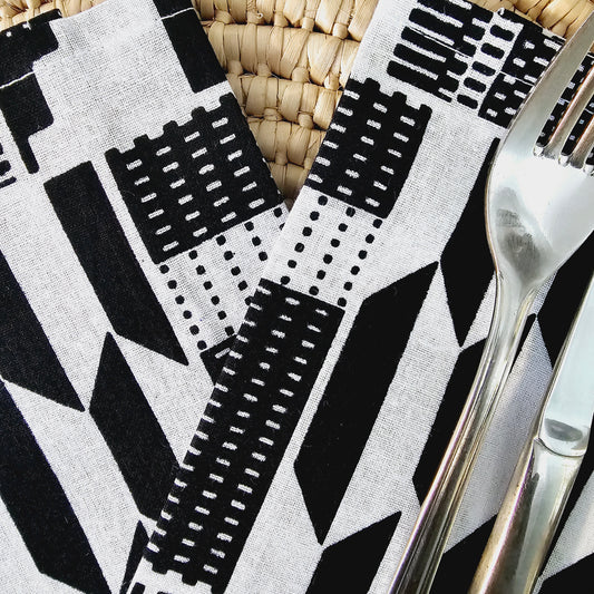 Set van 2 zwarte mudcloth print, Ankara wax, 100% katoenen servetten