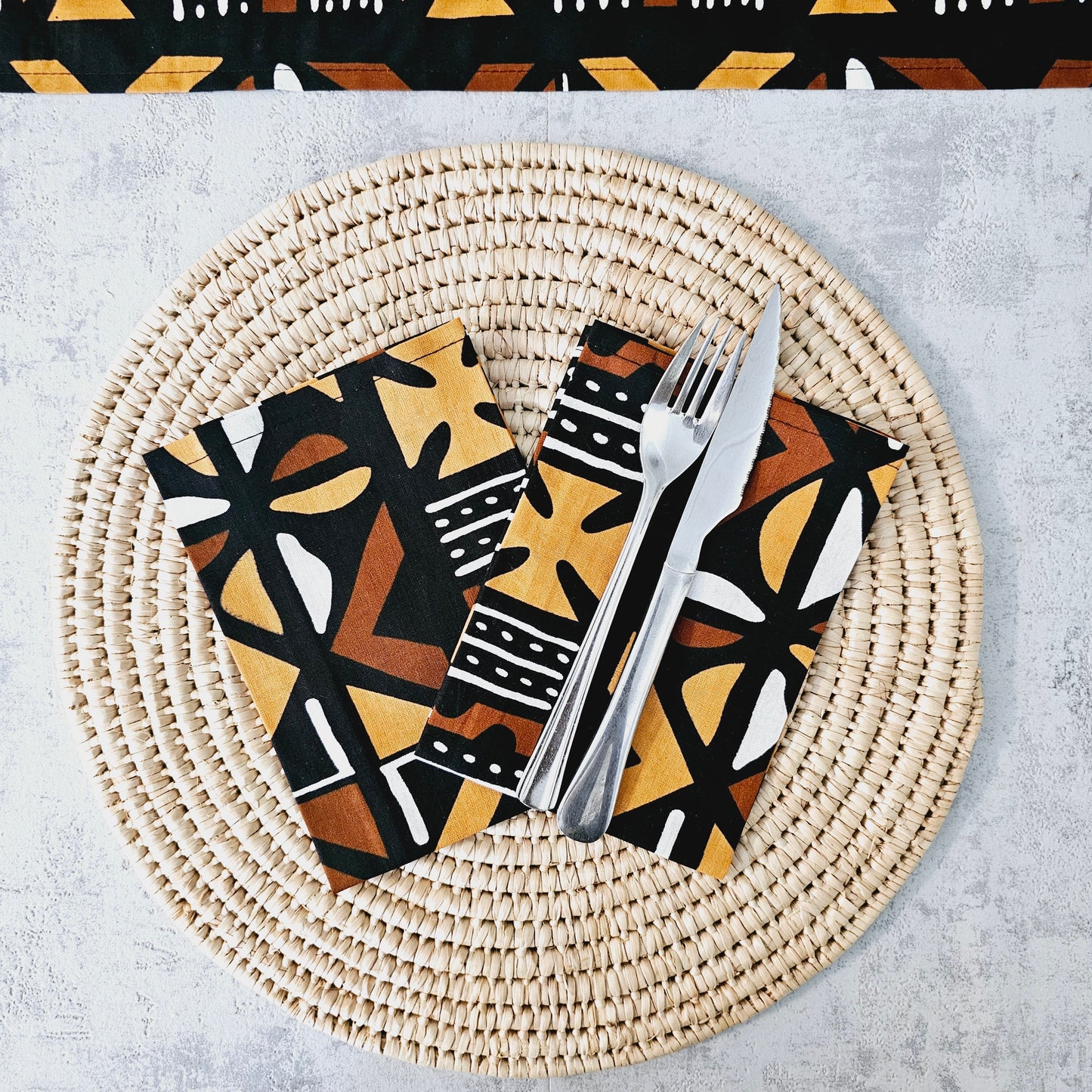 Set van 2 zwarte mudcloth print, Ankara wax, 100% katoenen servetten