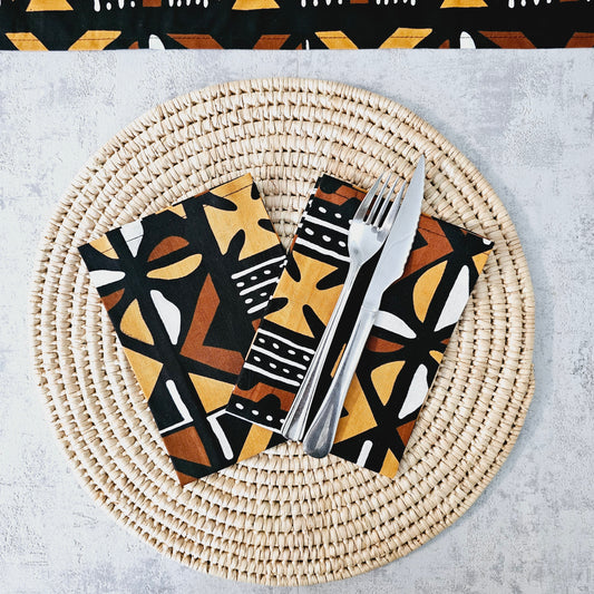 Set van 2 zwarte mudcloth print, Ankara wax, 100% katoenen servetten