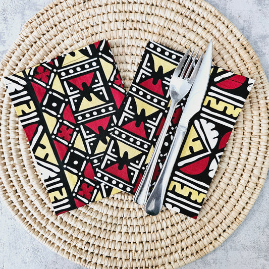 Set van 2 zwarte mudcloth print, Ankara wax, 100% katoenen servetten