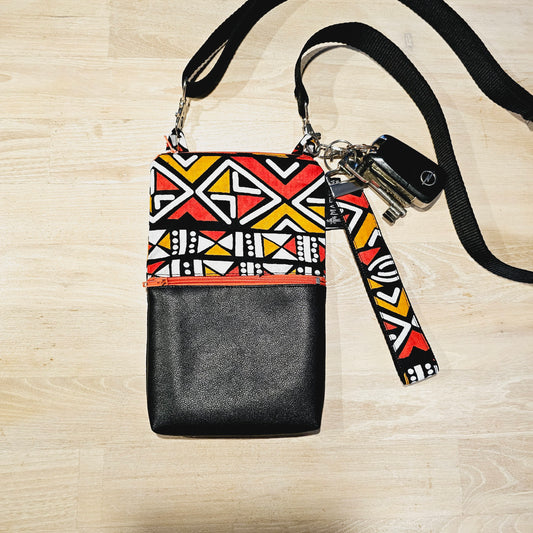 Handmade Phone Bag and Keyfob Set | African Ankara Print Fabric | Vegan Leather Detail | Adjustable Shoulder Strap