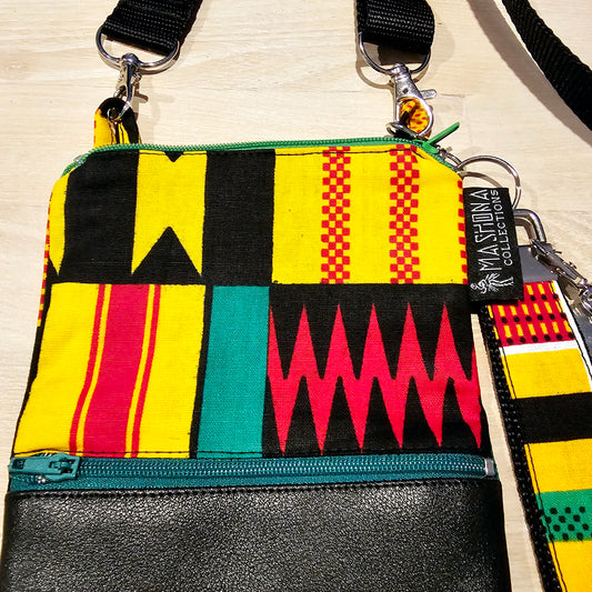 Handmade Phone Bag and Keyfob Set  | African Ankara Print Fabric | Vegan Leather Detail | Adjustable Shoulder Strap