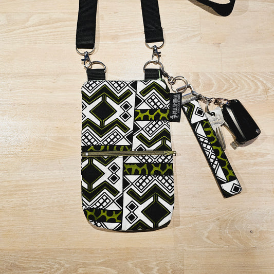 Handmade Phone Bag and Keyfob Set  | African Ankara Print Fabric | Vegan Leather Detail | Adjustable Shoulder Strap