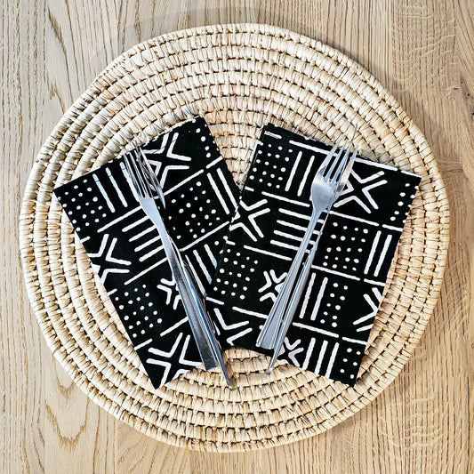 Set van 2 zwarte mudcloth print, Ankara wax, 100% katoenen servetten