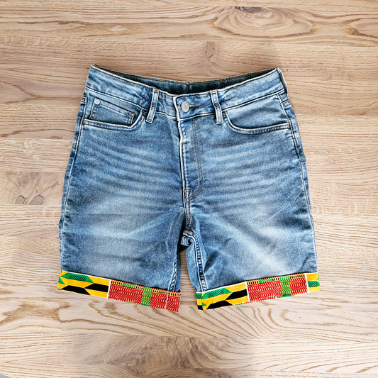 Unisex Denim Shorts with African Print Detail