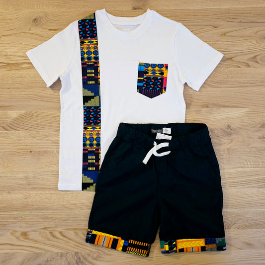 T-shirt and Cotton Pull Up Shorts Set with African Print Detail..