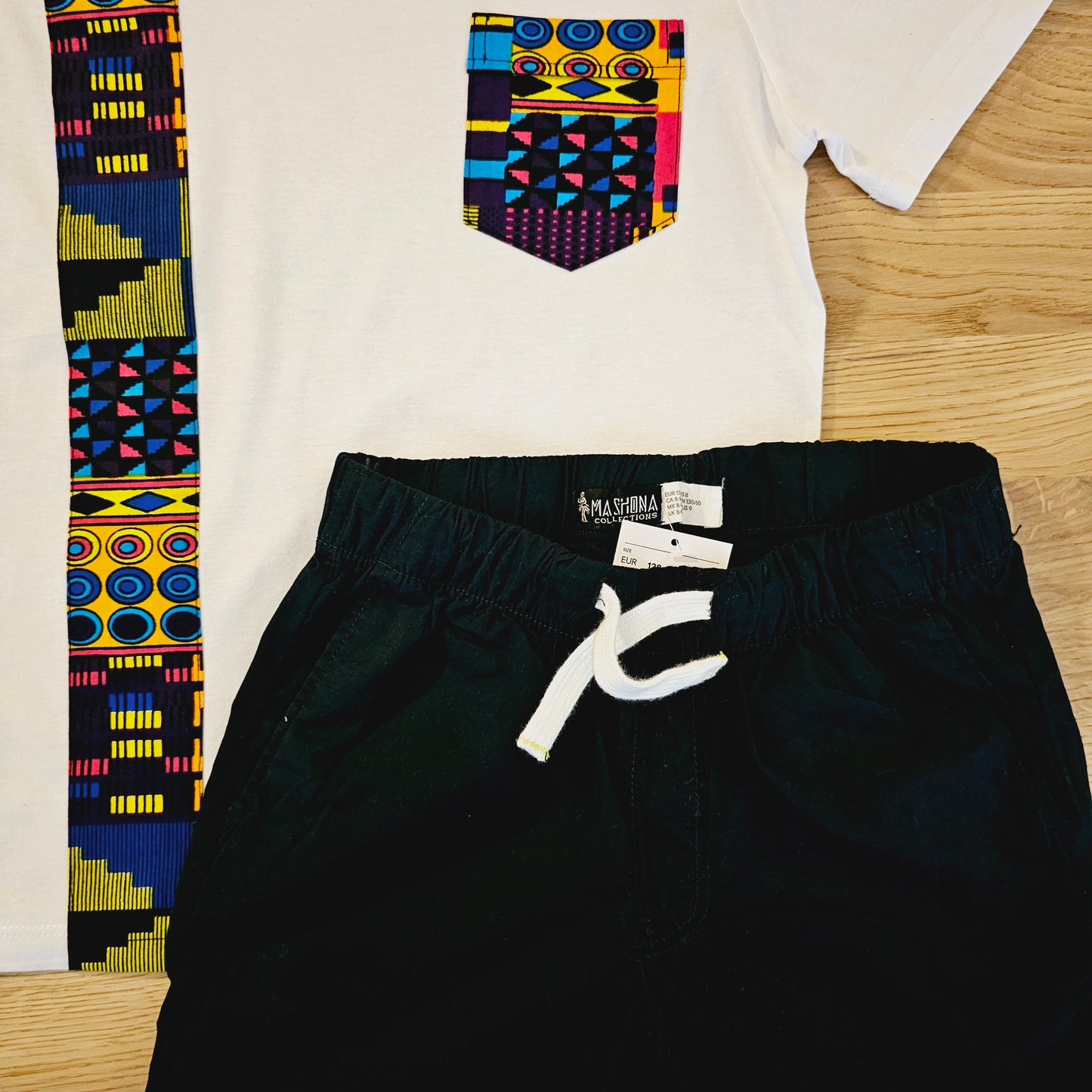 T-shirt and Cotton Pull Up Shorts Set with African Print Detail..