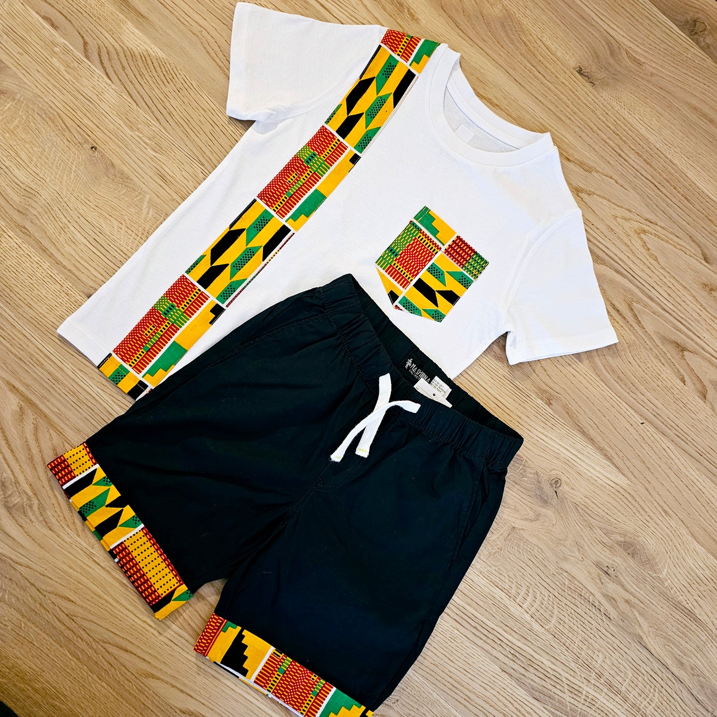 T-shirt and Cotton Pull Up Shorts Set with African Print Detail..