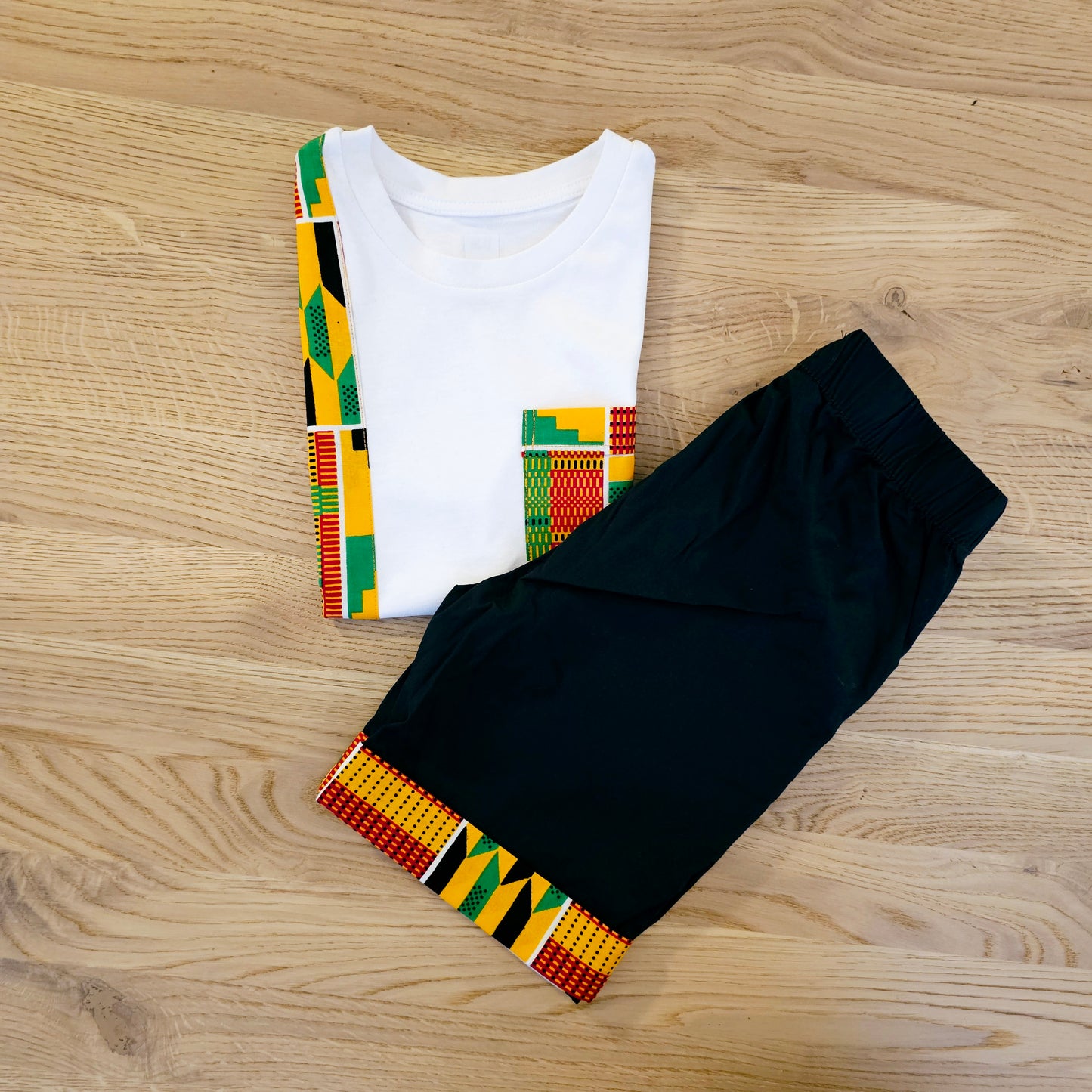 T-shirt and Cotton Pull Up Shorts Set with African Print Detail..