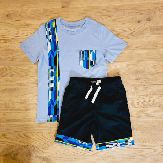 T-shirt and Cotton Pull Up Shorts Set with African Print Detail.