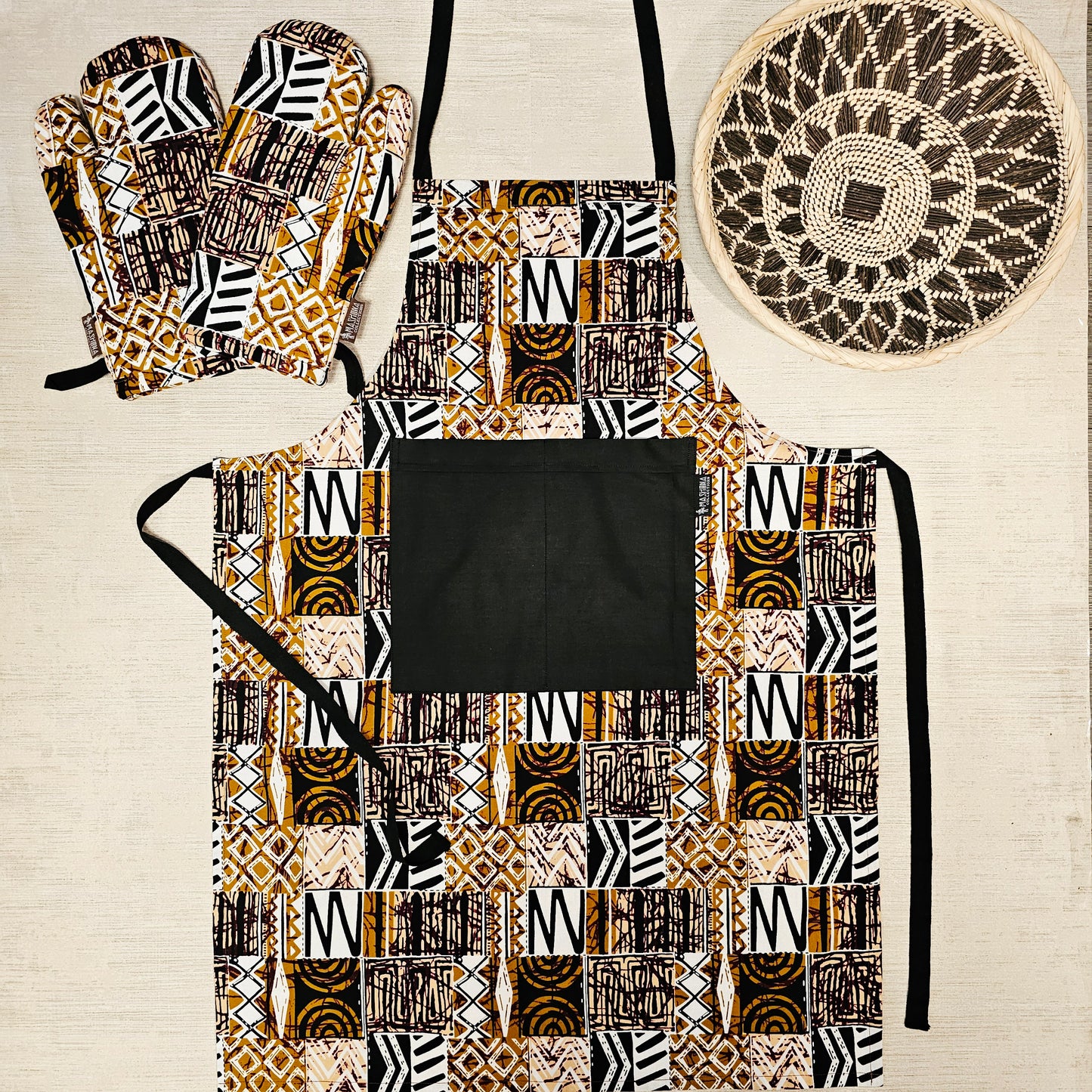 Handmade Apron and Matching Oven Gloves Set | 100% Cotton African Print Fabric