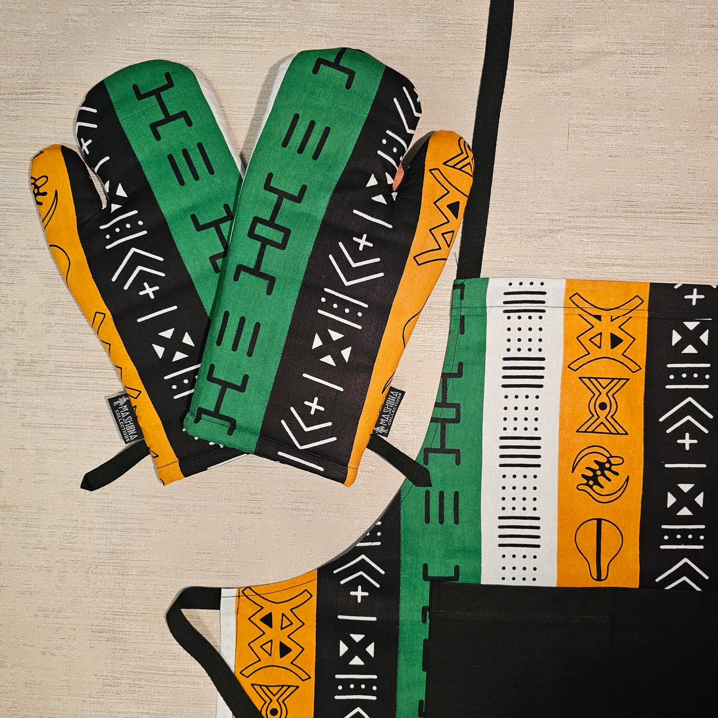 Handmade Apron and Matching Oven Gloves Set | 100% Cotton African Print Fabric