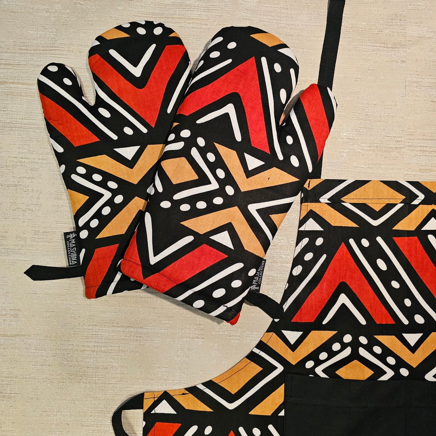 Handmade Apron and Matching Oven Gloves Set | 100% Cotton African Print Fabric