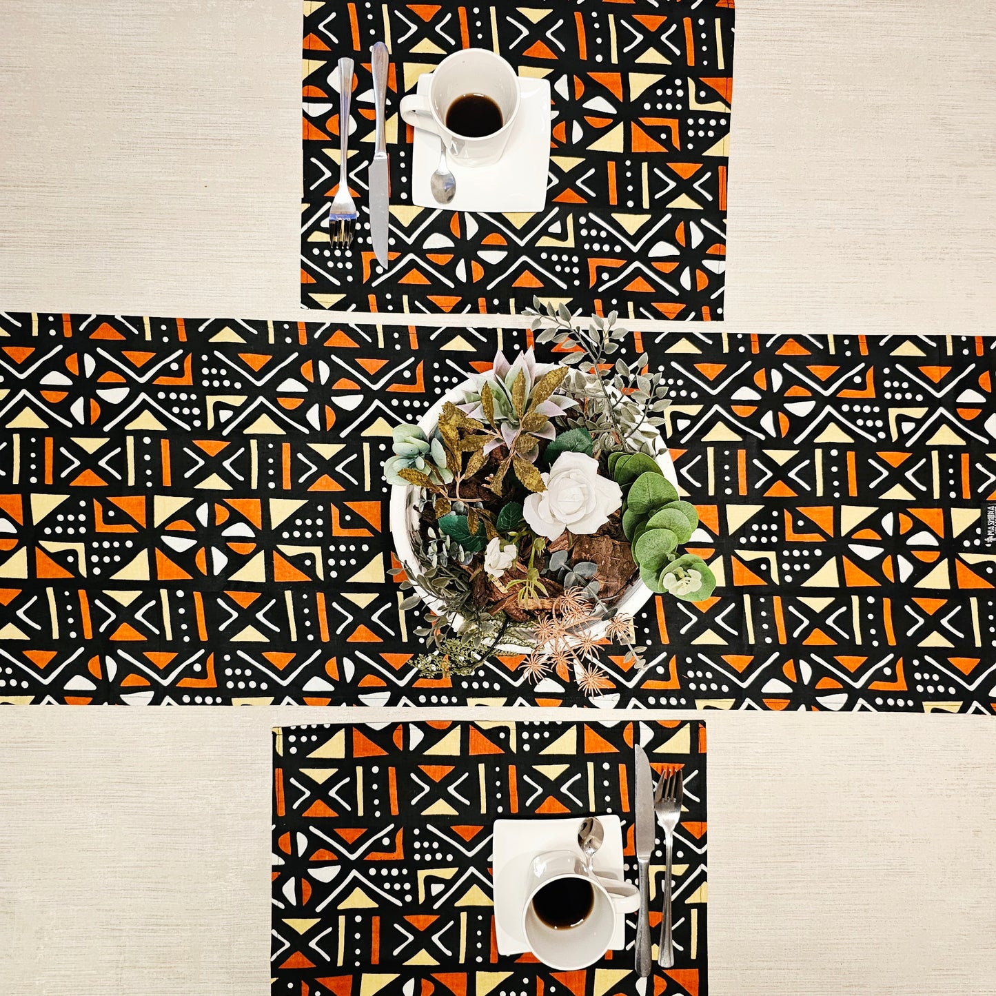 Table Runner and Set of 4 Placemats | 100% Cotton African Print Fabric