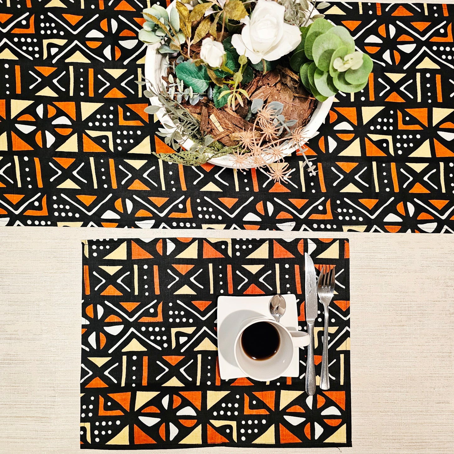 Table Runner and Set of 4 Placemats | 100% Cotton African Print Fabric