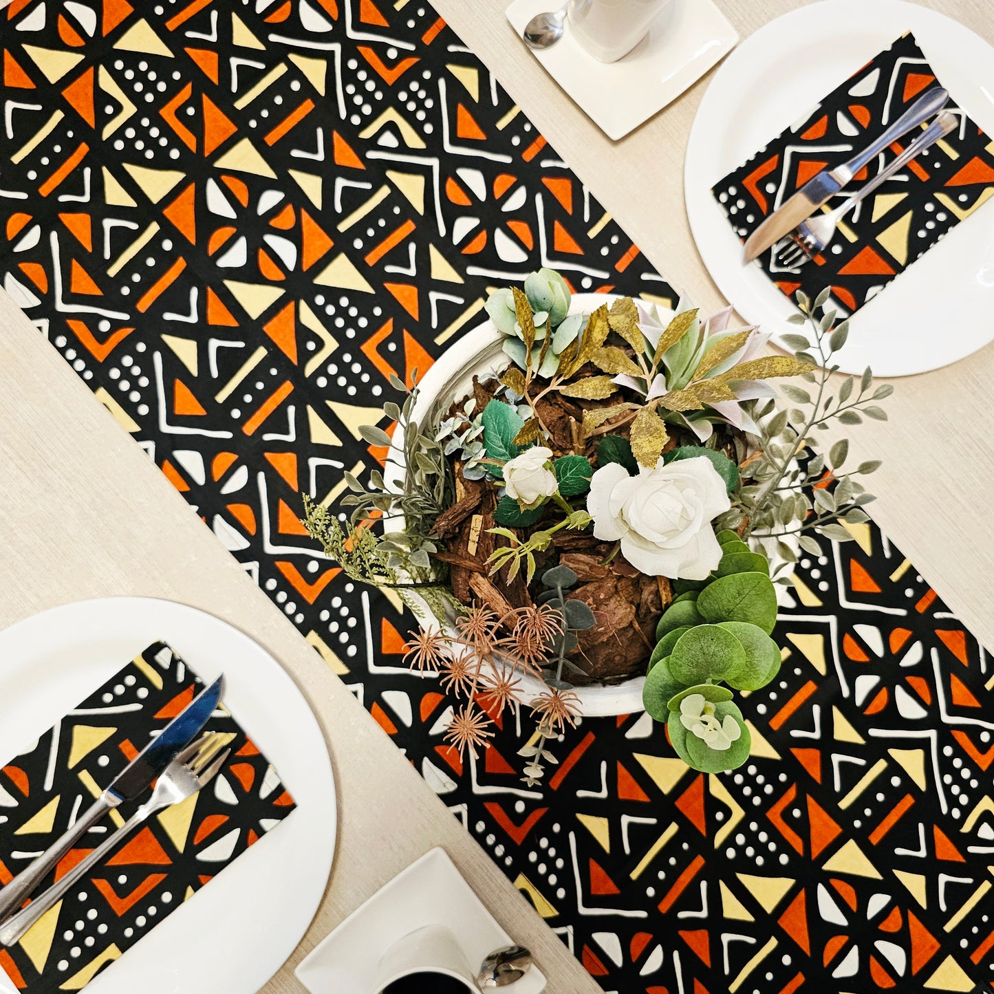 Table Runner and Set of 8 Napkins | 100% Cotton African Print Fabric