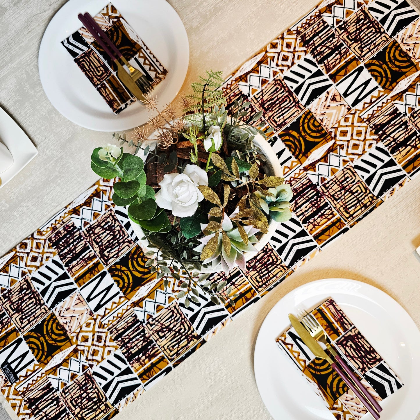 Handmade Table Runner and Set of 8 Napkins | African Print "Mudcloth" Bogolan Inspired Print Made from 100% African Print Fabric
