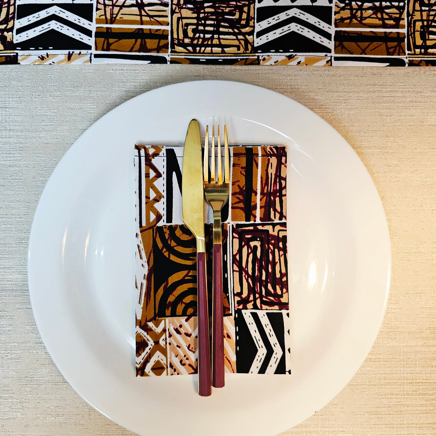 Handmade Table Runner and Set of 8 Napkins | African Print "Mudcloth" Bogolan Inspired Print Made from 100% African Print Fabric
