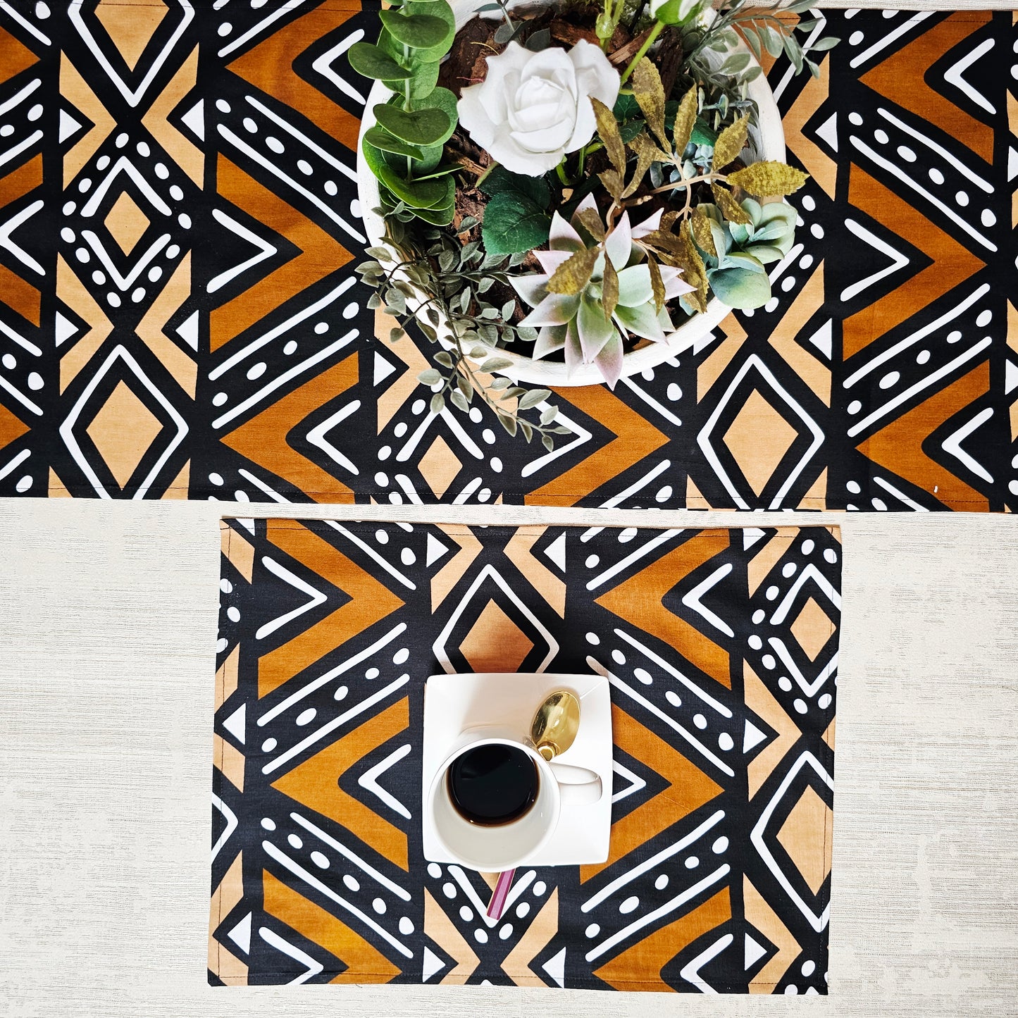 Table Runner and Set of 4 Placemats | 100% Cotton African Print Fabric