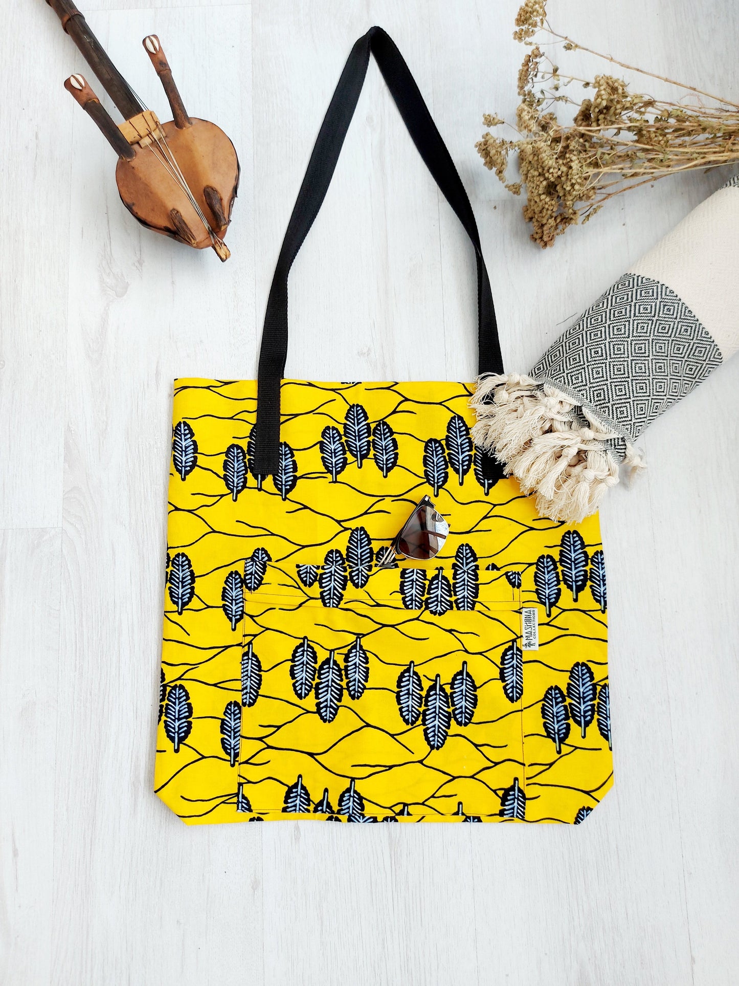 Handmade African Print Tote Bag | Beach Bag | Shopping Bag | Vegan Leather Detail