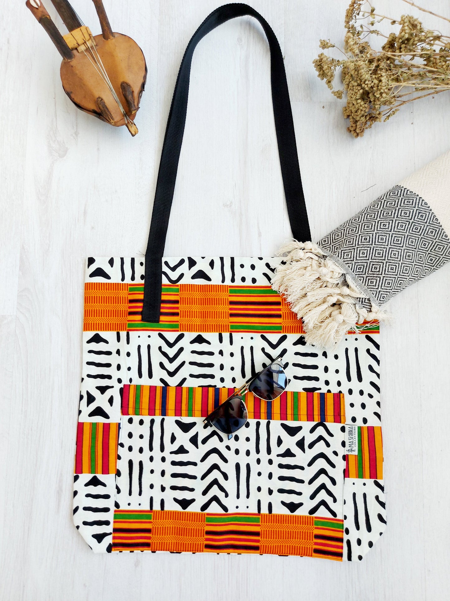 Handmade African Print Tote Bag | Beach Bag | Shopping Bag | Vegan Leather Detail