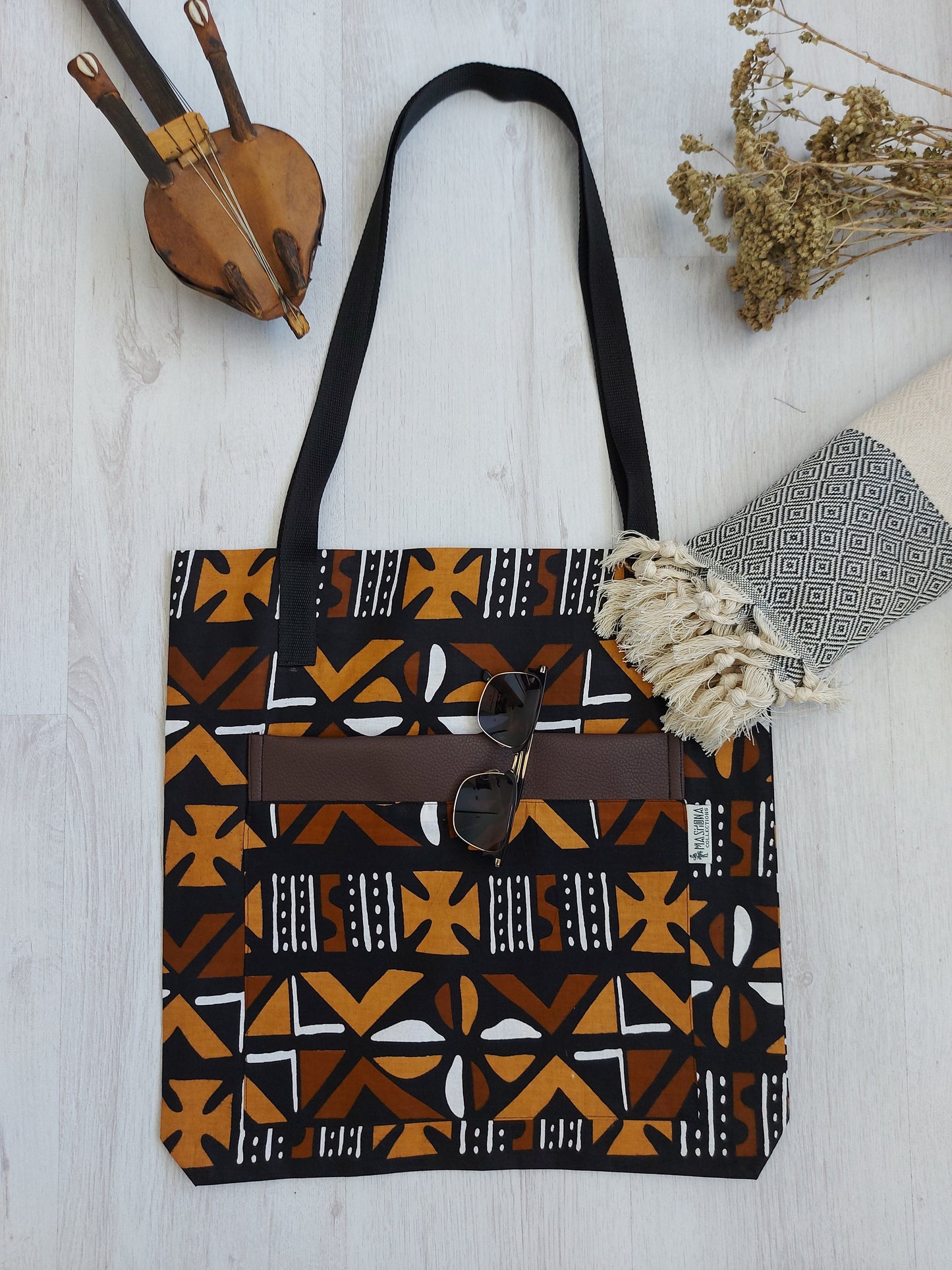 Handmade African Print Tote Bag | Beach Bag | Shopping Bag | Vegan Leather Detail