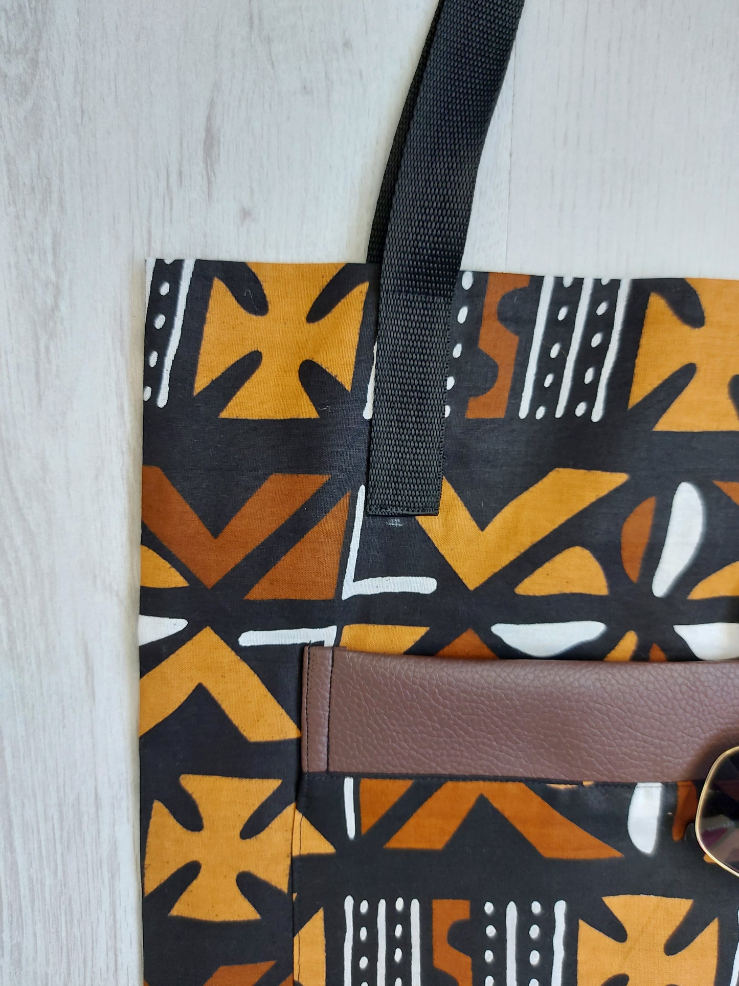 Handmade African Print Tote Bag | Beach Bag | Shopping Bag | Vegan Leather Detail