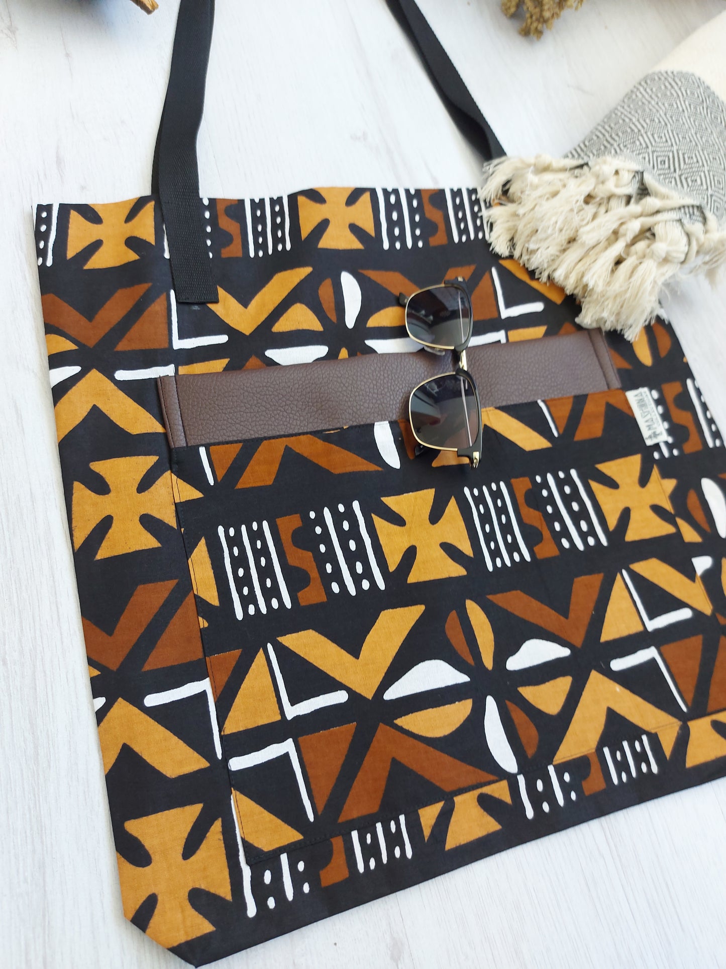 Handmade African Print Tote Bag | Beach Bag | Shopping Bag | Vegan Leather Detail