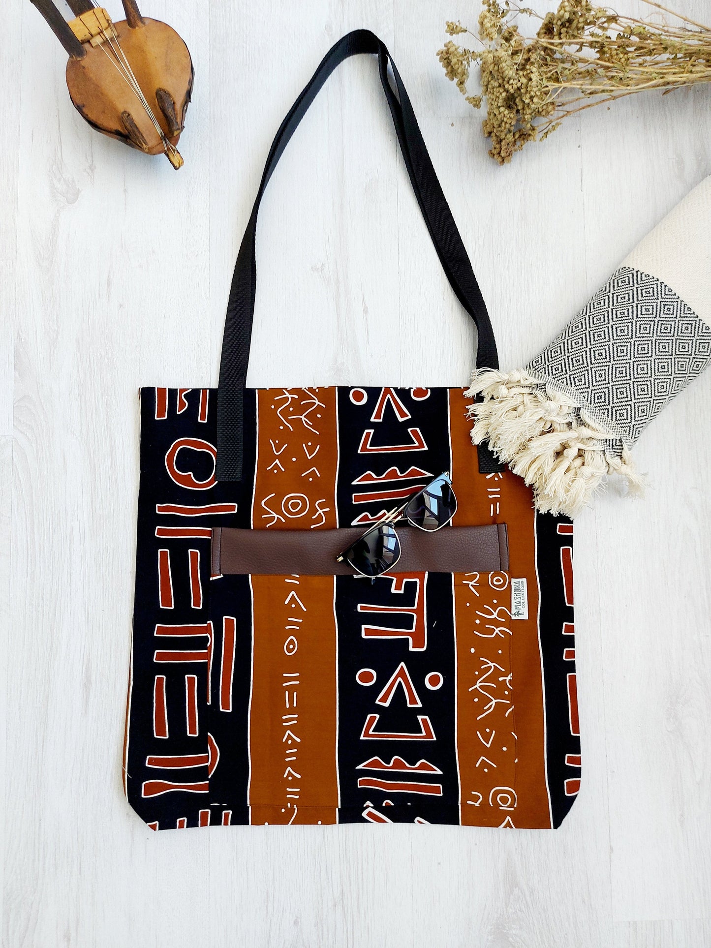 Handmade African Print Tote Bag | Beach Bag | Shopping Bag | Vegan Leather Detail