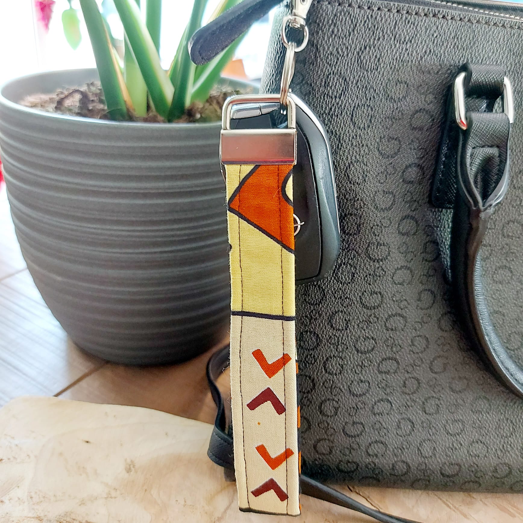 African Print and Leather Key Fob, Wristlet