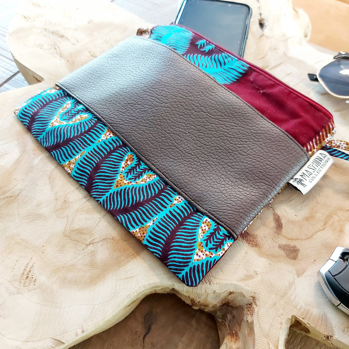 African Print Zipper Pouch | Make-up Bag | Pencil Case | Vegan Leather Detail