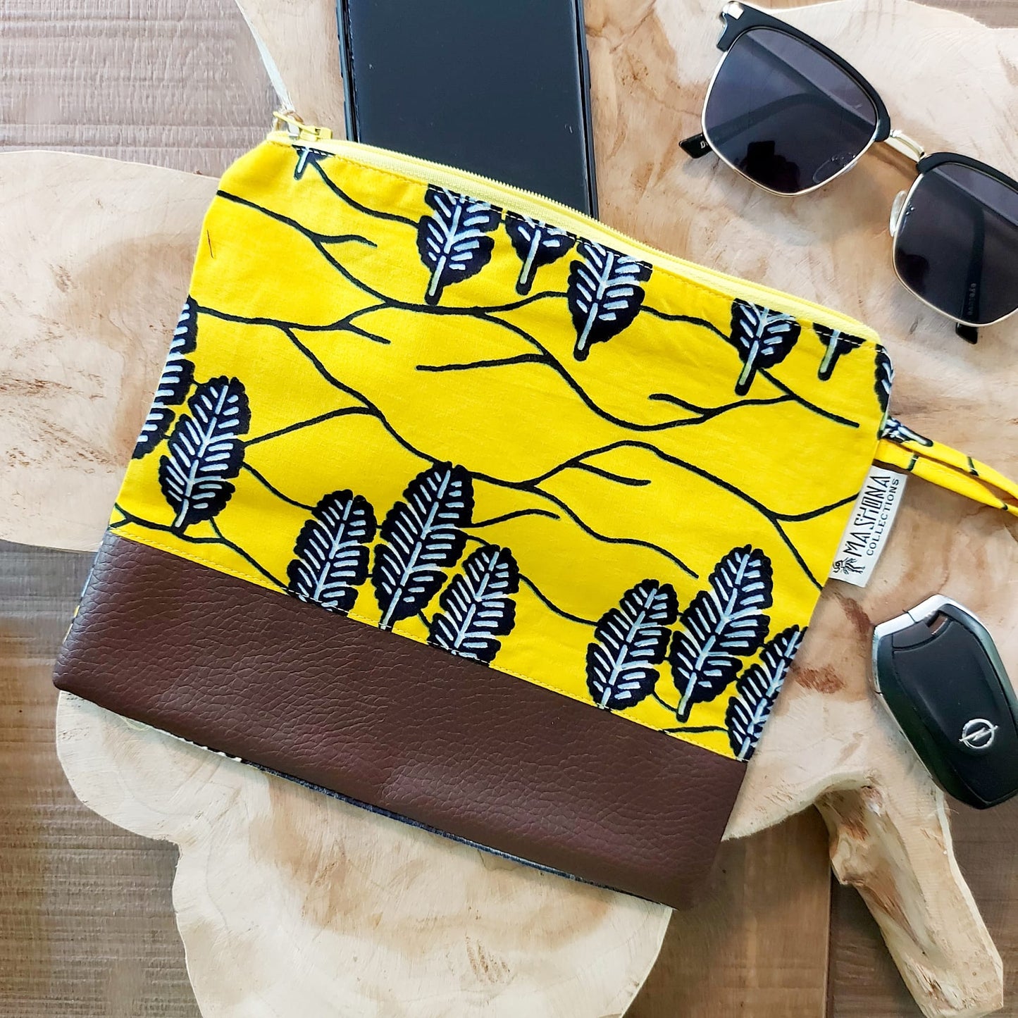 African Print Zipper Pouch | Make-up Bag | Pencil Case | Vegan Leather Detail